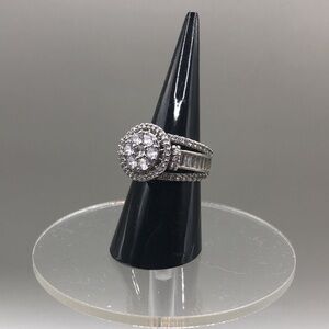 Faux Diamonds Halo Engagement Ring Costume Statement Jewelry Designer Look 7.25